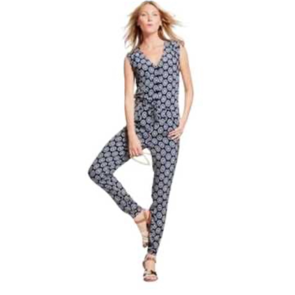 Boden Jumpsuit Navy and White Sleeveless Printed with Tie Waist